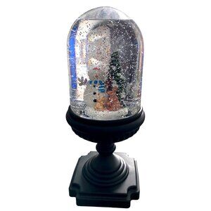 VTG Snow Globe With Snowman & Bunnies On Black Base, 10 in